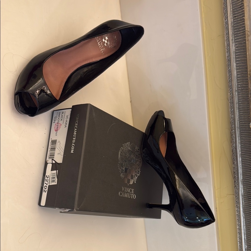 Vince Camuto Glossy Black Peep-Toe Heels